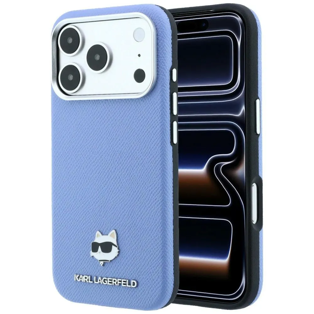 KARL LAGERFELD case for IPHONE 18 Pro/ 17 Pro compatible with MagSafe (Grained Choupette Head Metal) light blue
