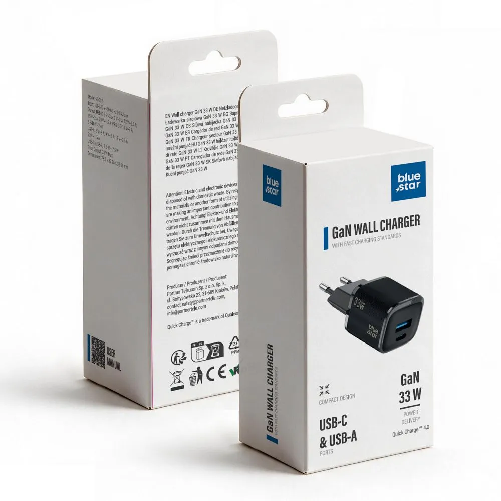 Phone charger Blue Star Nano GaN USB C + USB A QC4.0 PD 3A 33W VT-332 black