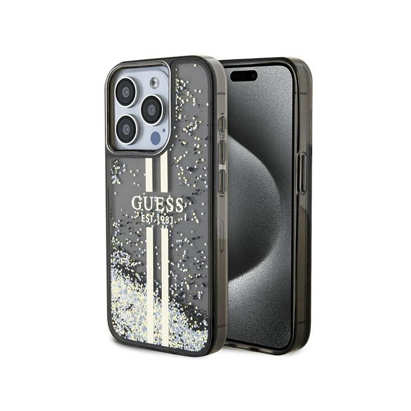 Original faceplate case GUESS GUHCP15XLFCSEGK for iPhone 15 Pro Max (Liquid Glitter Gold Stripes / black)